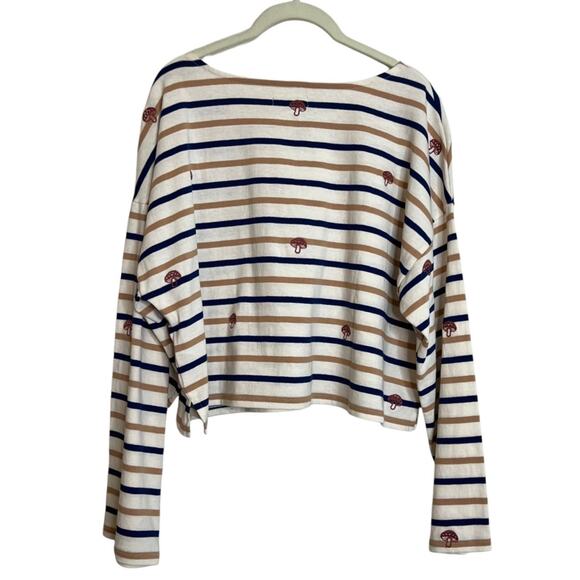 Madewell Striped Mushroom Embroidered Cropped Long Sleeve Tee XL Cream Navy Tan - Picture 3 of 5